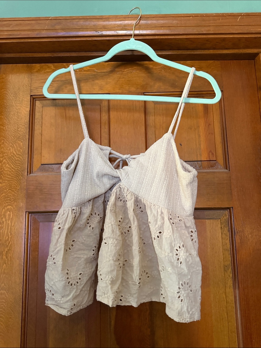 Beige Eyelet Spaghetti-Strap Tank Top